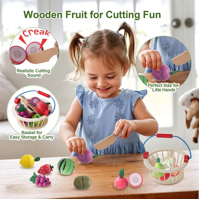Smartwo Children's Dinette 3 4 Years, Wooden Fruit Basket, Wooden Fruits to Cut, Kitchen Food Toys, Fruits and Vegetables Children's Games, Girl Boy Gift 3 4 5 Years Old - Image 4