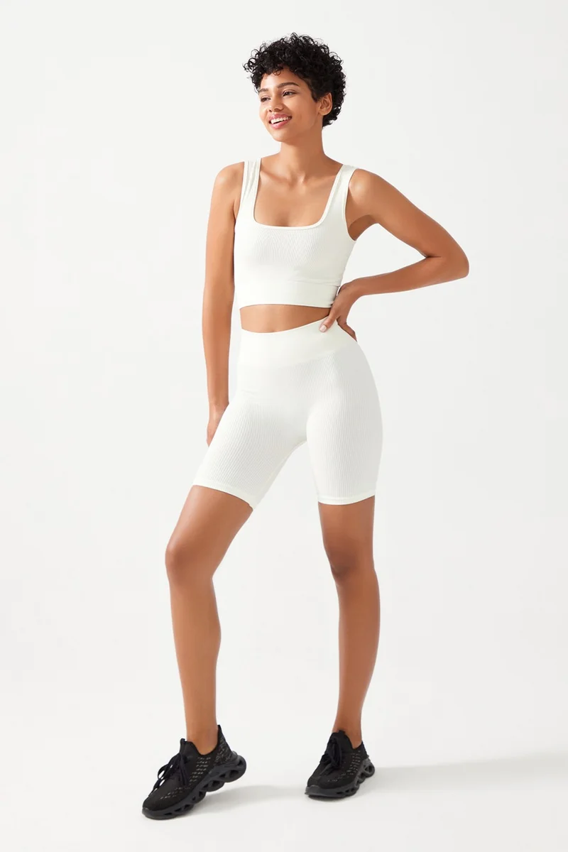 Los Ojos Women's Ecru High Waist Ribbed Gatherer Short Sport Leggings Ribbed Biker