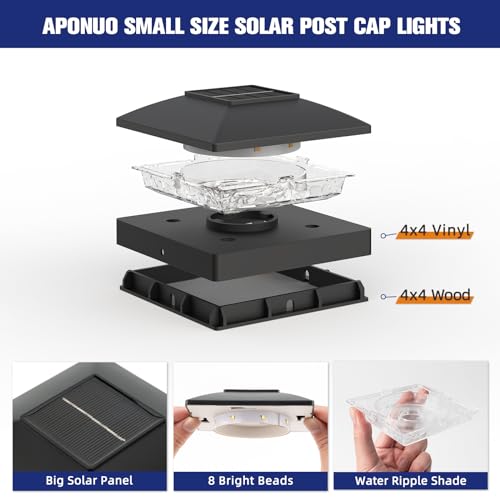 APONUO Solar Post Cap Lights for 4x4 Posts, Bright Warm White LED Post Cap Lights Solar Powered, IP64 Waterproof & All-Night Lighting, Black 16 Pack – Deck, Fence, Patio Light (Easy Install) - Image 3