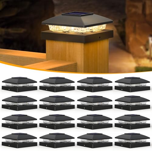 APONUO Solar Post Cap Lights for 4x4 Posts, Bright Warm White LED Post Cap Lights Solar Powered, IP64 Waterproof & All-Night Lighting, Black 16 Pack – Deck, Fence, Patio Light (Easy Install) - Image 1