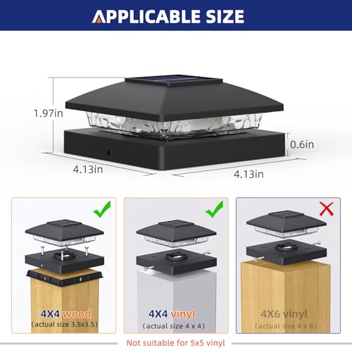APONUO Solar Post Cap Lights for 4x4 Posts, Bright Warm White LED Post Cap Lights Solar Powered, IP64 Waterproof & All-Night Lighting, Black 16 Pack – Deck, Fence, Patio Light (Easy Install) - Image 2