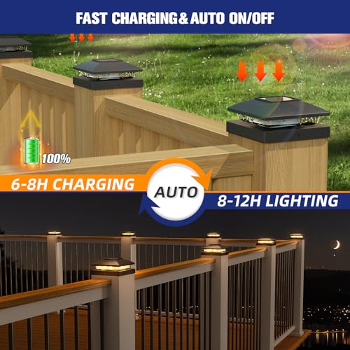 APONUO Solar Post Cap Lights for 4x4 Posts, Bright Warm White LED Post Cap Lights Solar Powered, IP64 Waterproof & All-Night Lighting, Black 16 Pack – Deck, Fence, Patio Light (Easy Install) - Image 4