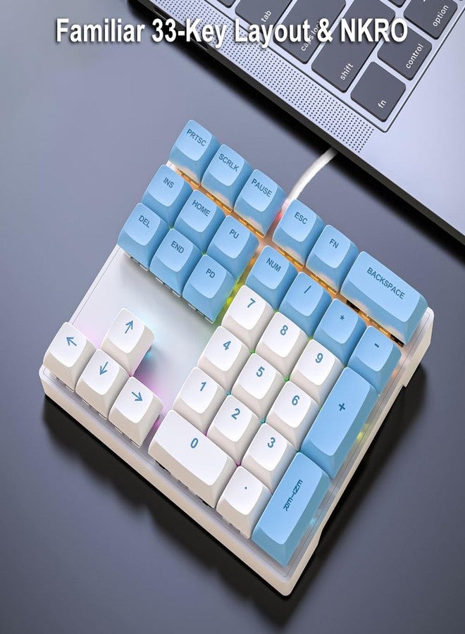 LINKEET Mechanical Numpad Rainbow Backlit Smooth Red Switches Wired USB Number Pad 33-Key NKRO Numeric Keypad with XDA PBT Keycaps External Keyboard Num Pad for Laptop, Mac - White Blue - Image 4