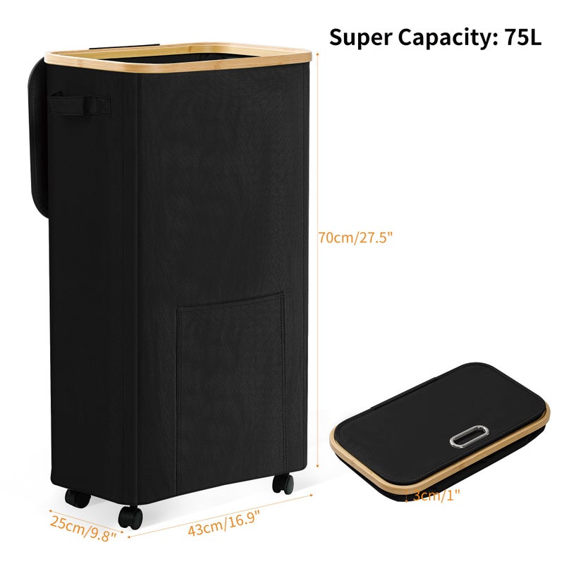 Vincona Laundry Basket with Wheels, Dirty Clothes Hamper on Wheels, Rolling Tall Laundry Hamper with lid for Laundry Room, Dorm and Bathroom, 75L Black - Image 2