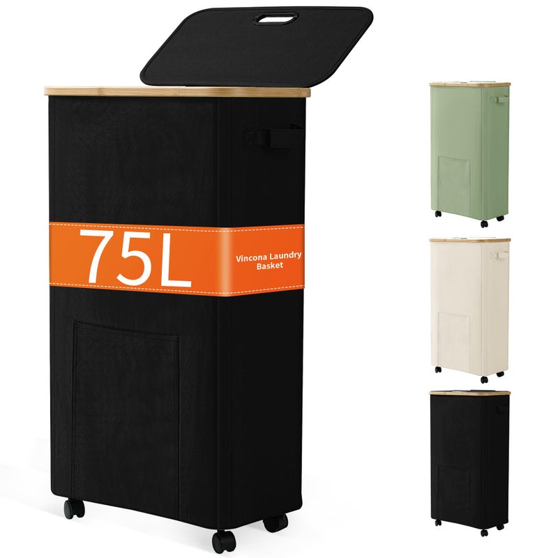 Vincona Laundry Basket with Wheels, Dirty Clothes Hamper on Wheels, Rolling Tall Laundry Hamper with lid for Laundry Room, Dorm and Bathroom, 75L Black - Image 1