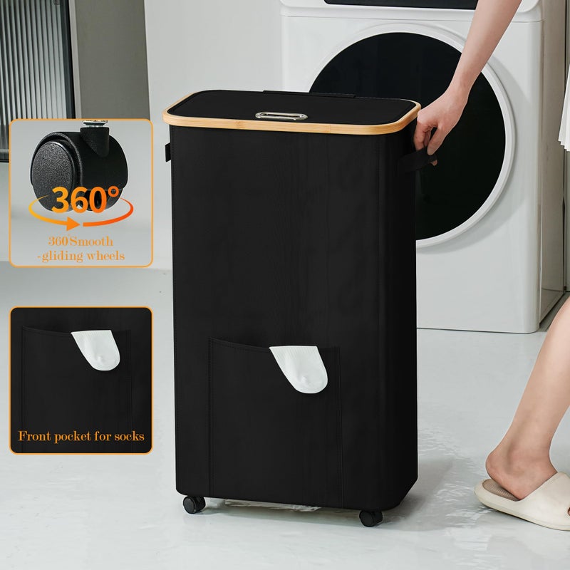 Vincona Laundry Basket with Wheels, Dirty Clothes Hamper on Wheels, Rolling Tall Laundry Hamper with lid for Laundry Room, Dorm and Bathroom, 75L Black - Image 4