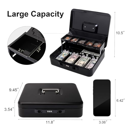 Jssmst Cash Box with Sliding Coin Lid and Snap Latch Combination Lock - Portable Cash Box with Money Tray and Lock, Secure Locking Money Box for Cash Organizer, 11.8L x 9.5W x 3.5H Inches, Black - Image 4