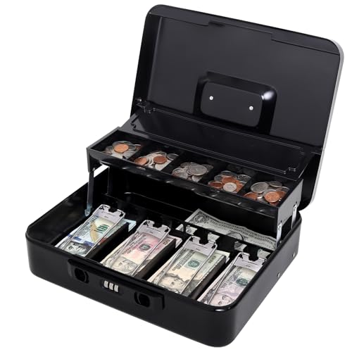 Jssmst Cash Box with Sliding Coin Lid and Snap Latch Combination Lock - Portable Cash Box with Money Tray and Lock, Secure Locking Money Box for Cash Organizer, 11.8L x 9.5W x 3.5H Inches, Black - Image 1