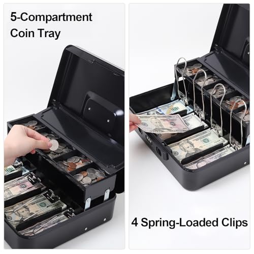 Jssmst Cash Box with Sliding Coin Lid and Snap Latch Combination Lock - Portable Cash Box with Money Tray and Lock, Secure Locking Money Box for Cash Organizer, 11.8L x 9.5W x 3.5H Inches, Black - Image 5