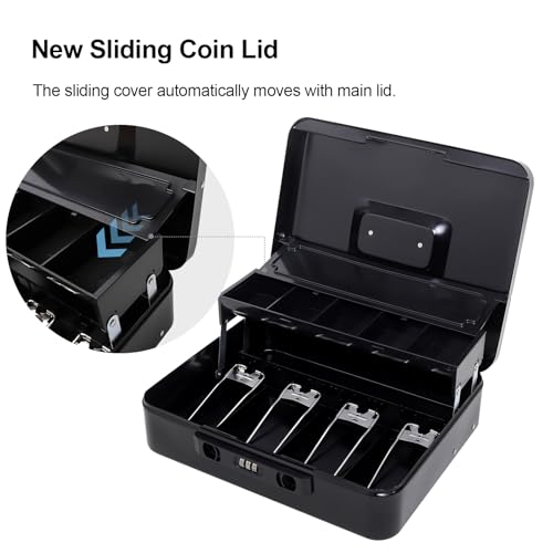 Jssmst Cash Box with Sliding Coin Lid and Snap Latch Combination Lock - Portable Cash Box with Money Tray and Lock, Secure Locking Money Box for Cash Organizer, 11.8L x 9.5W x 3.5H Inches, Black - Image 3