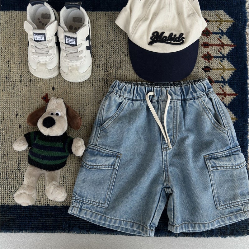 Children'S Shorts 2025 Boys And Girls Solid Color Pocket Workwear Shorts Baby'S Denim Pants Trendy - Image 4