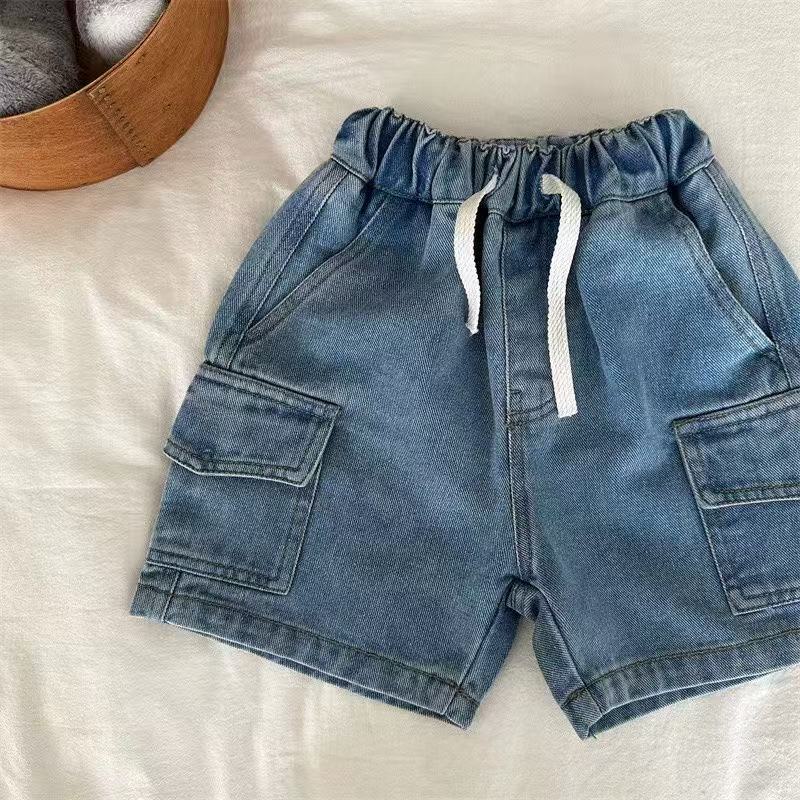 Children'S Shorts 2025 Boys And Girls Solid Color Pocket Workwear Shorts Baby'S Denim Pants Trendy - Image 1