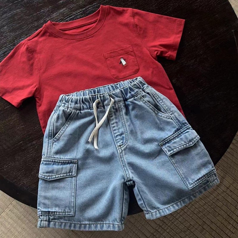 Children'S Shorts 2025 Boys And Girls Solid Color Pocket Workwear Shorts Baby'S Denim Pants Trendy - Image 2
