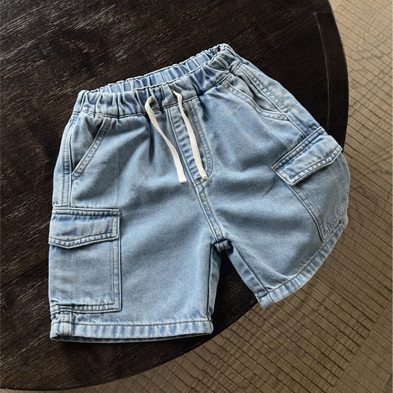 Children'S Shorts 2025 Boys And Girls Solid Color Pocket Workwear Shorts Baby'S Denim Pants Trendy - Image 3