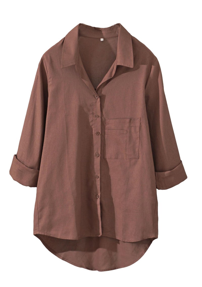 Minibee Women's Casual Cotton Linen Blouse Plus Size High Low Shirt Long Sleeve Tops Coffee - Image 5