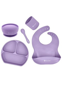Snowie Soft 5Pcs Silicone Tableware Kit For Baby Foodgrade Silicone Tableware Kit Baby Plate & Bowl Set With Suckercupspoonbib Food Grade Silicone Bpafree Dishwasher & Microwave Safe (Purple)  - Image 1
