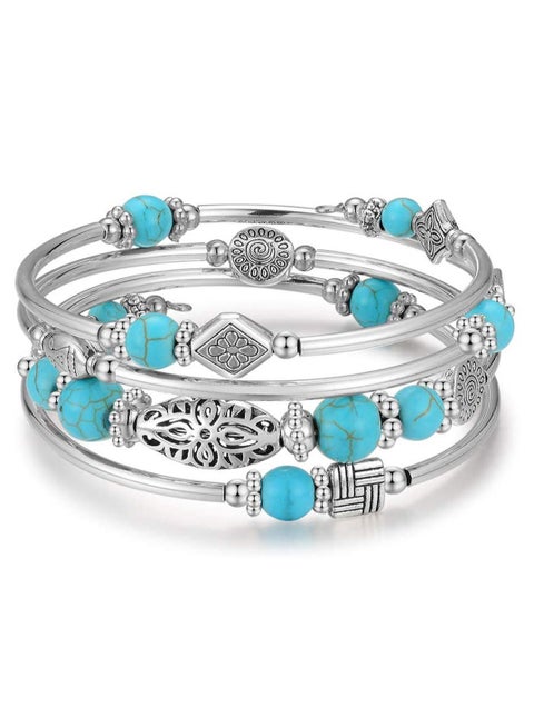 سوار ملفوف بالخرز الفضي لها، أساور بوهيمية ذات طبقات من الحجر الطبيعي، مجوهرات هدايا للنساء - أزرق