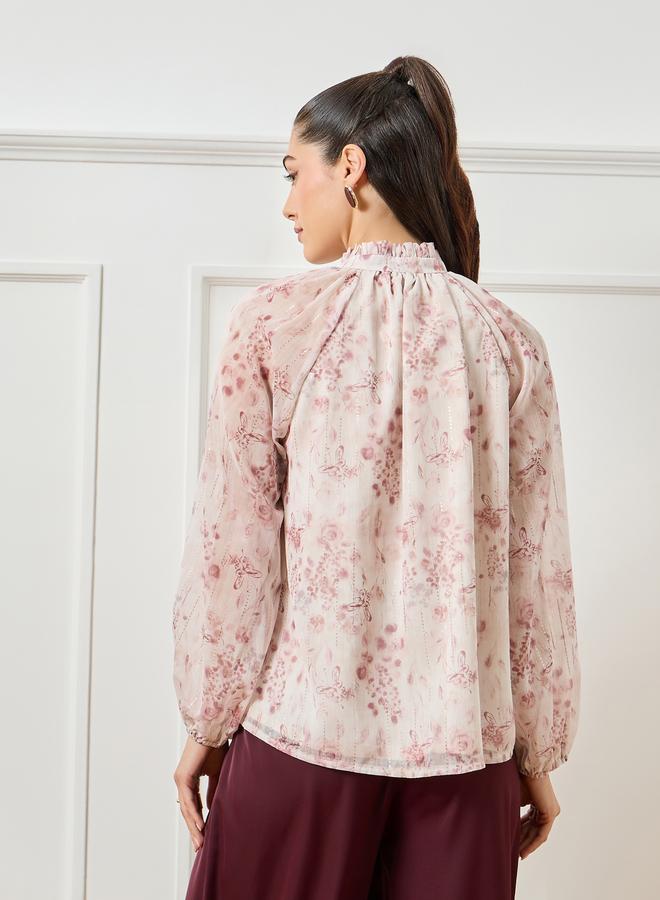 ستايلي بلوزة برباط عنق وطبعة زهور وردية - Image 3
