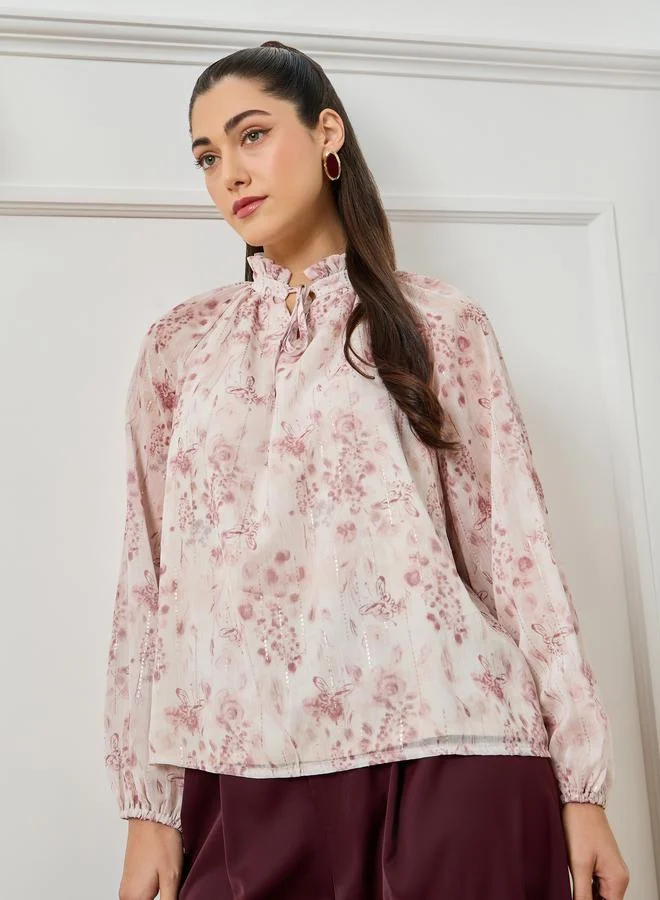 Styli Women Pink Floral Print Tie Neck Blouse