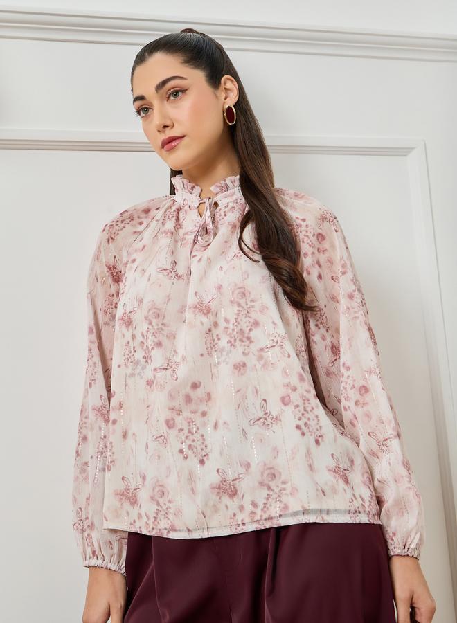 ستايلي بلوزة برباط عنق وطبعة زهور وردية - Image 1