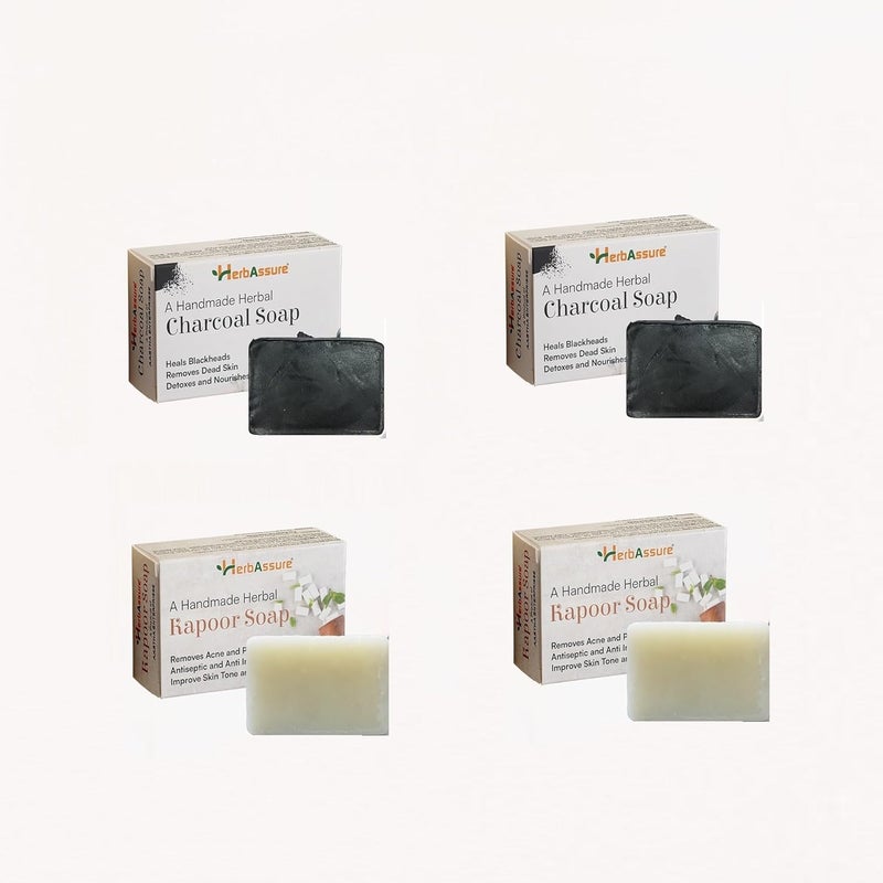 HerbAssure Handmade Herbal Soap Set 2 Charcoal Soaps for Blackheads and Dead Skin 2 Kapoor Soaps for Acne Pack of 4 - Image 1