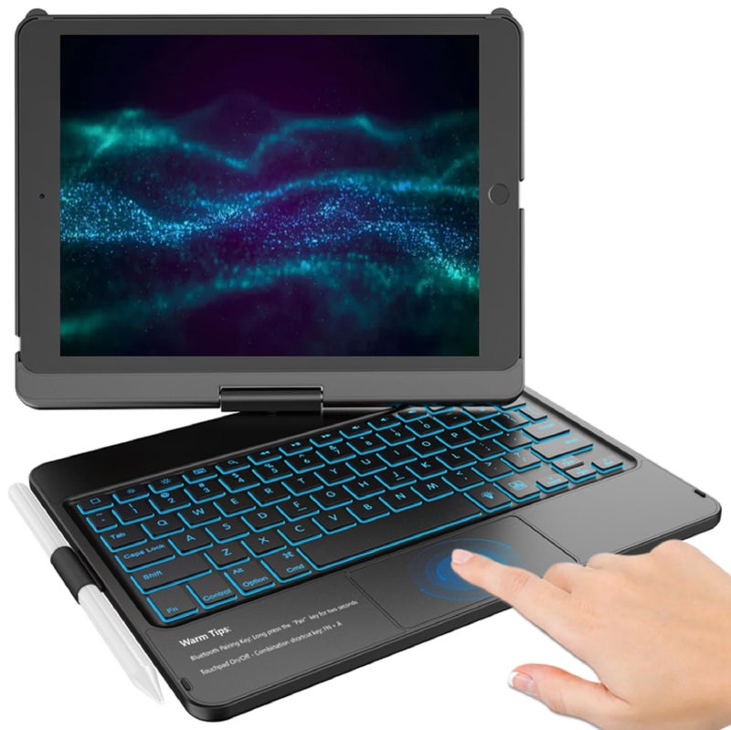 KBCASE Touchpad Keyboard Case for iPad 9th/8th/7th 10.2 inch, Backlit Trackpad Keyboard, 360°Rotatable Case with Pencil Holder for iPad 9th/8th/7th Gen (Black) - Image 1