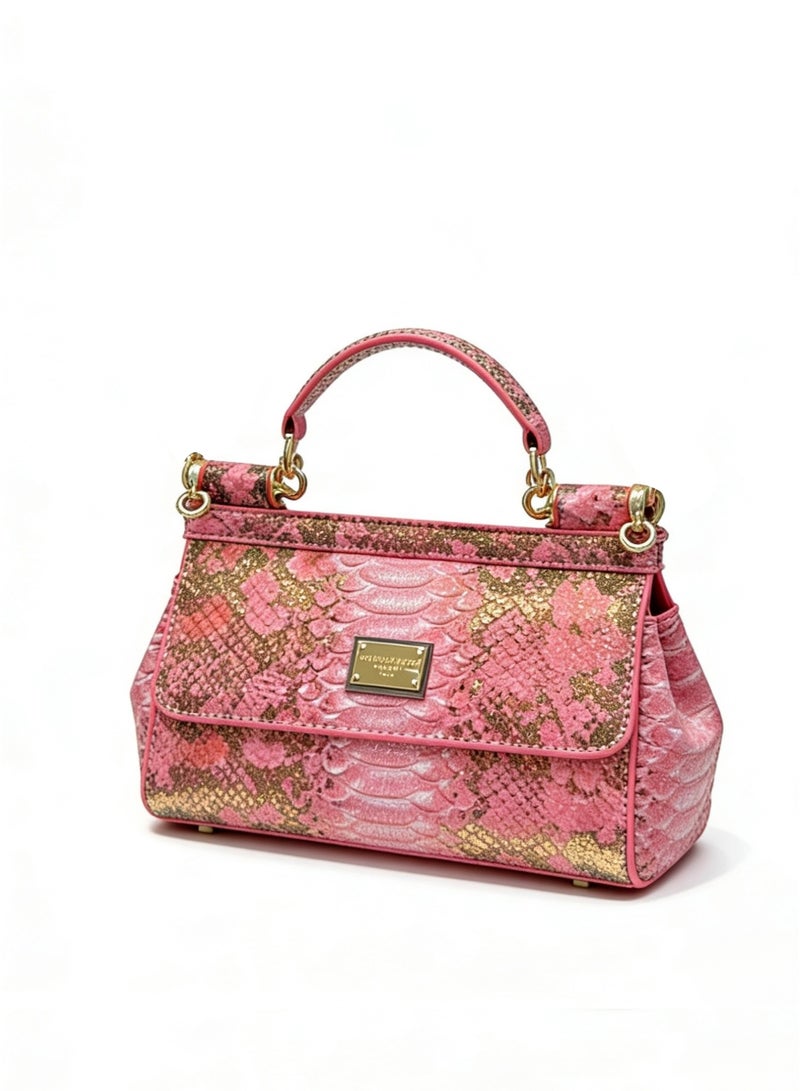 D&G Dolce & Gabbana Pink Snake-Print Shoulder Bag - Glitter Accent Satchel with Adjustable Strap for Luxury Daily & Formal Styling - Image 3