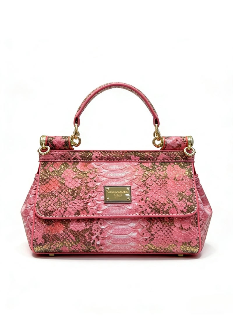 D&G Dolce & Gabbana Pink Snake-Print Shoulder Bag - Glitter Accent Satchel with Adjustable Strap for Luxury Daily & Formal Styling - Image 1