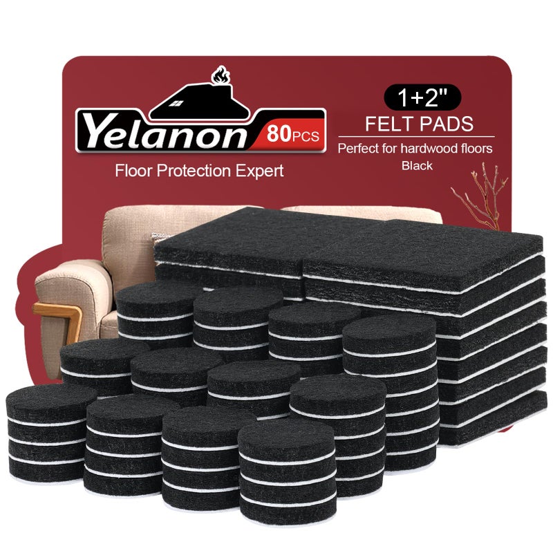 Yelanon Felt Furniture Pads for Hardwood Floors 80 Pcs Premium Felt Pads for Chair Legs Floor Protectors for Furniture Black