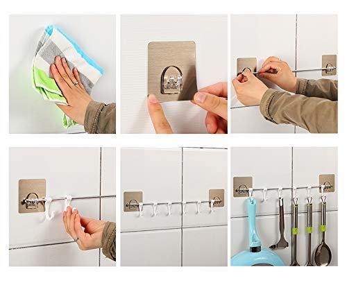 ASPENX Self Adhesive Stainless Steel and Plastic Rod with 6 Hooks Wall Mounted Utensil Hanging Rack Holder Bathroom Towel Hanger Kitchen Hanger Hooks Multicolour - Image 2