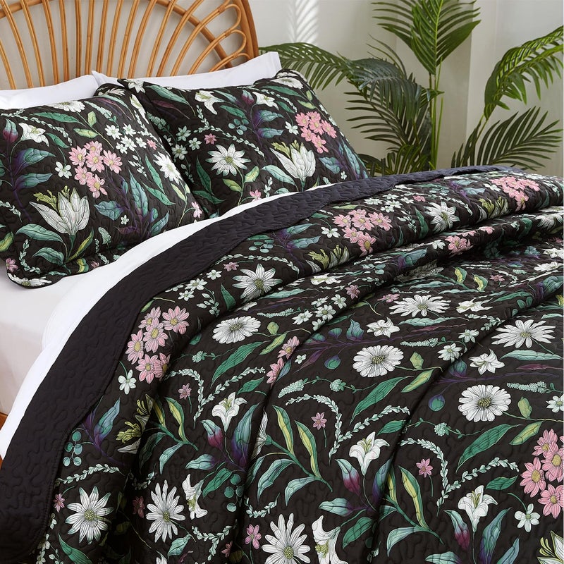 EVENHUG Quilt Queen Size Black Bedding Set Floral Bedspread Lightweight Reversible Bed Cover with 2 Pillow Shams for All Seasons 3 Pieces (92"X96") - Image 3
