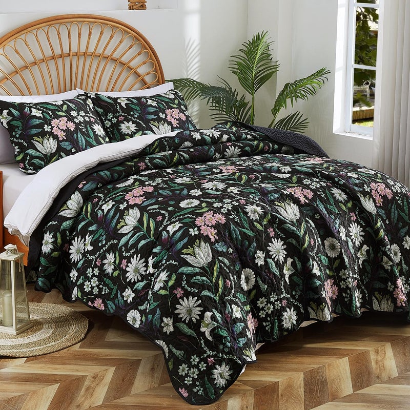EVENHUG Quilt Queen Size Black Bedding Set Floral Bedspread Lightweight Reversible Bed Cover with 2 Pillow Shams for All Seasons 3 Pieces (92"X96") - Image 2