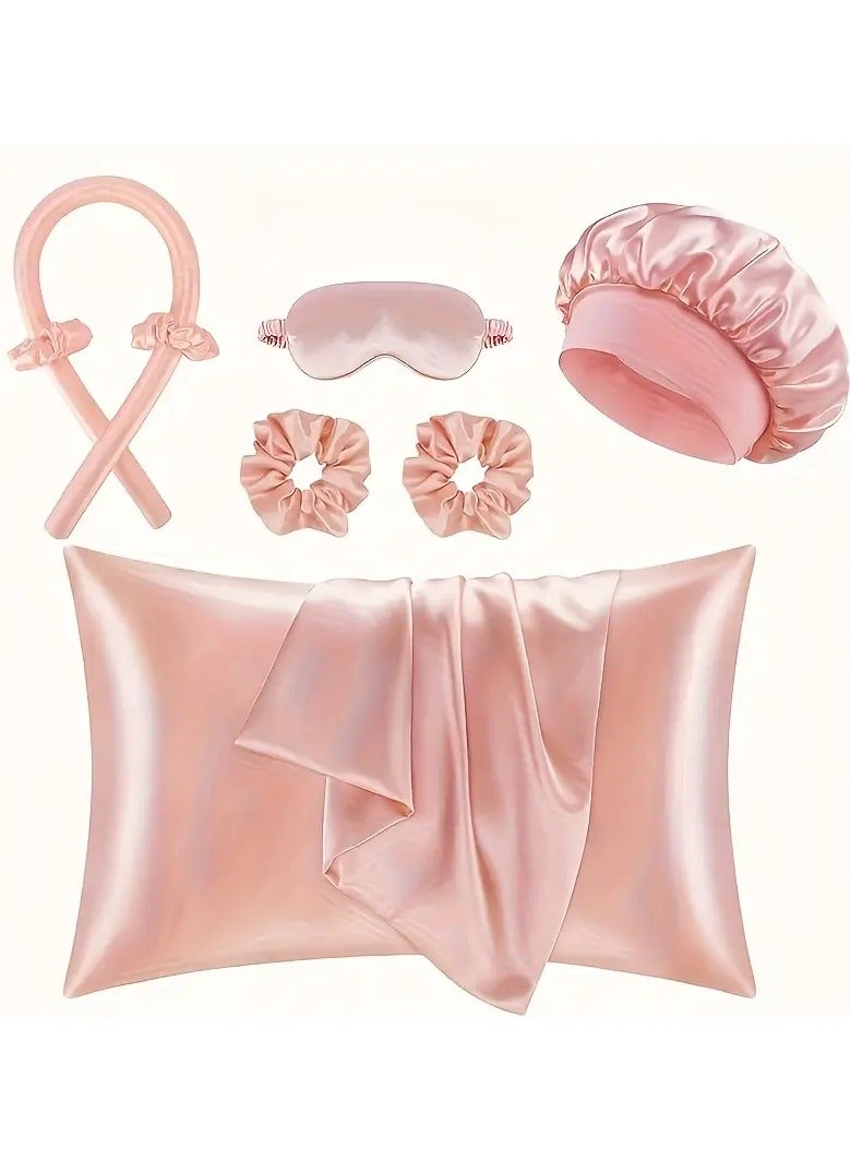 Women's Satin Silk Soft Hat ,Satin Heatless Curls Overnight Hair Curlers to Sleep In Hair Curler Rollers No Heat Hair Wrap for Curls Headband, Satin Heatless Curling Headband for Women Long Waves Hair Volume - 6 PCS Sleep Deluxe Set - Image 1