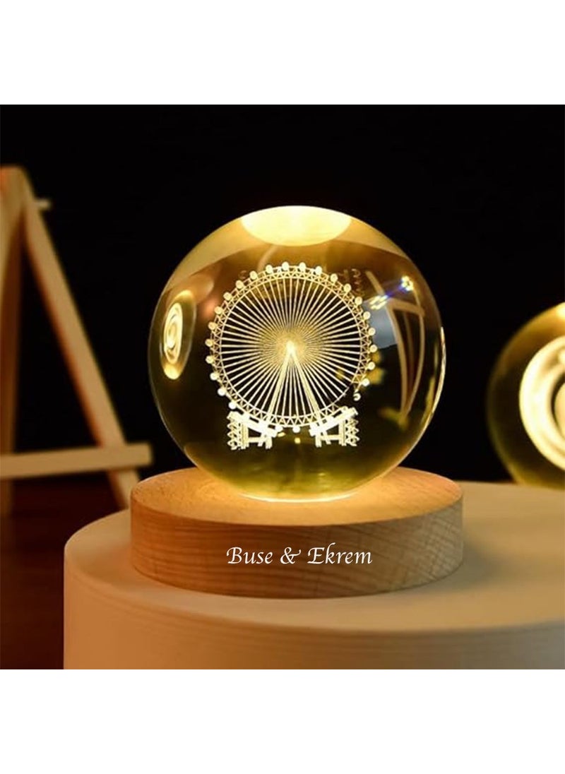 Hediyesahibi Large Illuminated Wooden Base Ferris Wheel Themed Glass Globe 8cm  - Image 1