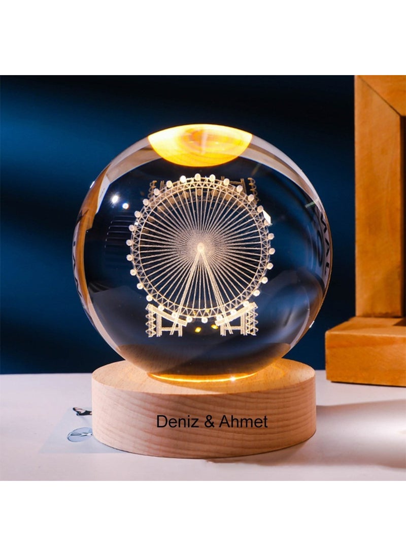 Hediyesahibi Large Illuminated Wooden Base Ferris Wheel Themed Glass Globe 8cm  - Image 2