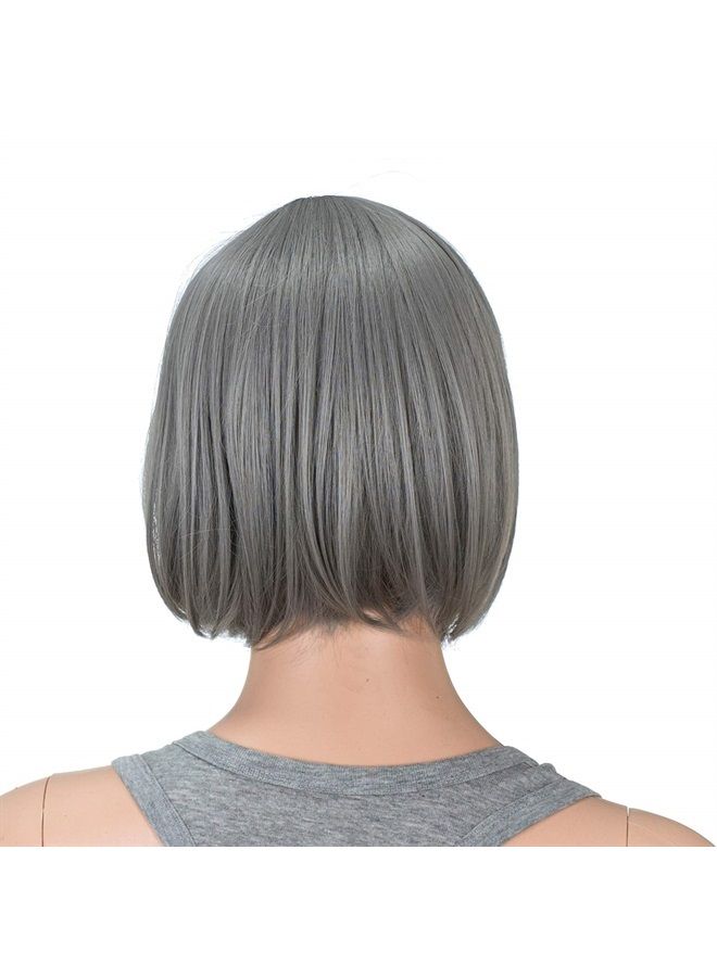 SWACC 10 Inch Short Straight Bob Wig with Bangs Synthetic Colorful Cosplay Daily Party Flapper Wig for Women and Kids with Wig Cap (Dark Sliver Gray)