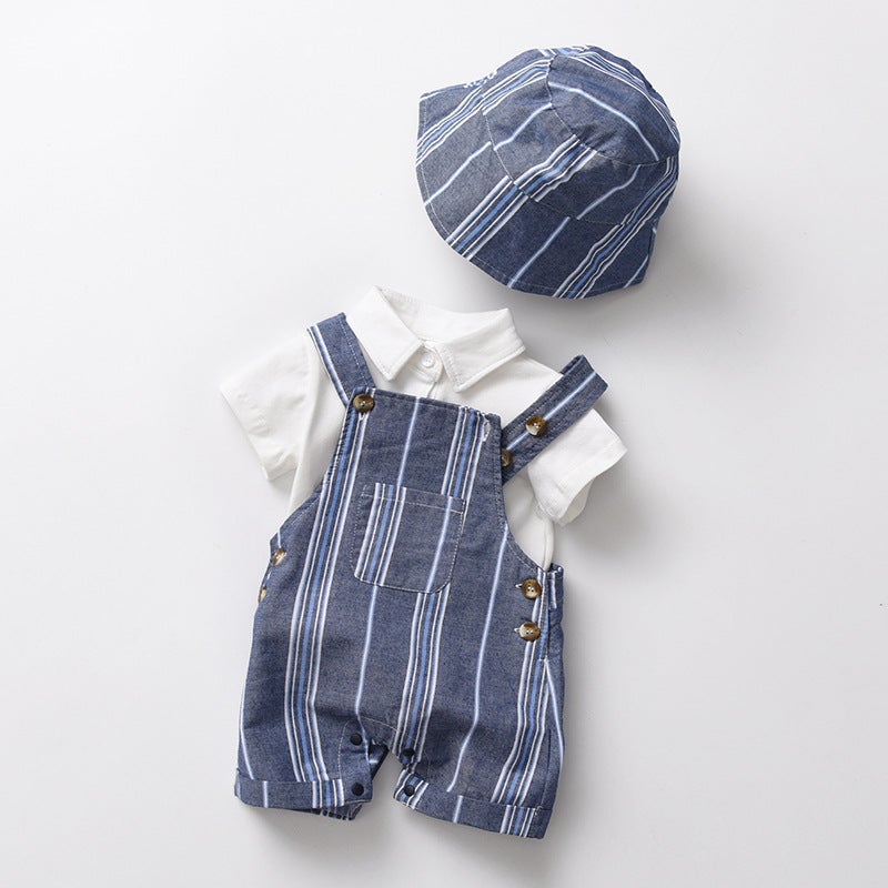 Boys suspender suit summer short-sleeved childrens clothes over one year old Western style summer new baby boys three pieces suit dark blue striped short sleeve suspenders with hat suit X117 