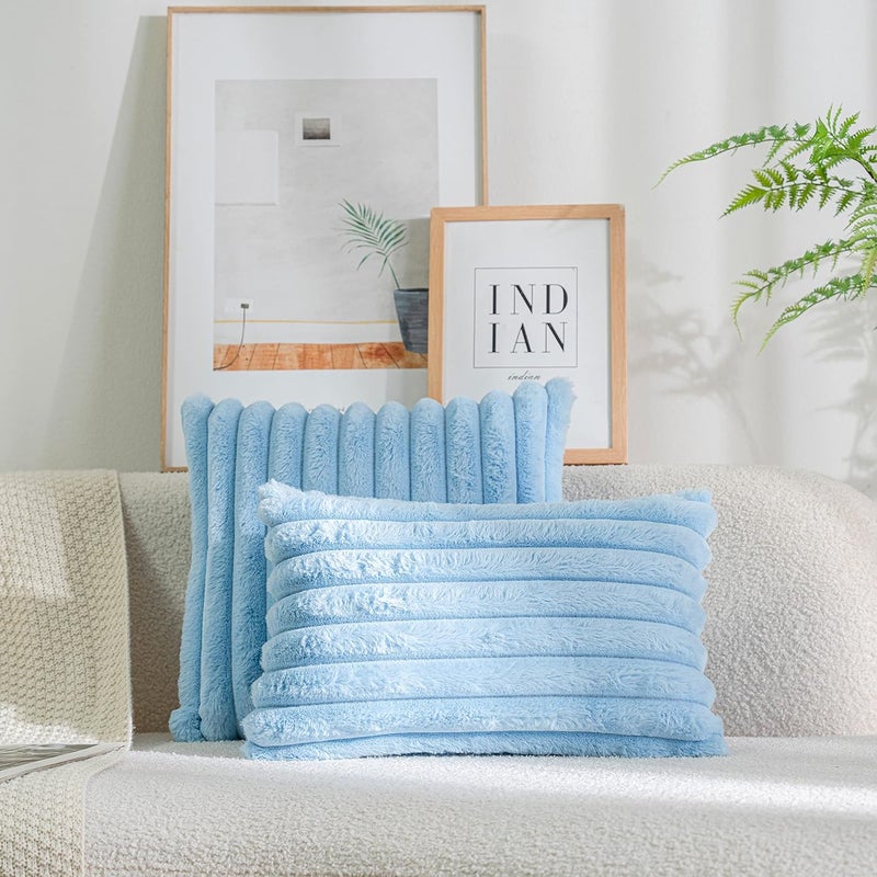 DEELAND Pack of 2,Double-Sided Faux Fur Plush Decorative Throw Pillow Covers Fuzzy Striped Soft Pillowcase Cushion Covers for Sofa Couch Bedroom Lightblue 22x22 inch - Image 3