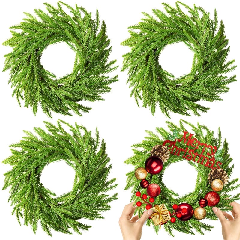 Gosodeny 4 Pcs Christmas DIY Green Wreath 10 Inch Artificial DIY Faux Plain Wreaths Front Door Green Farmhouse Cabinets Indoor Outdoor Wall DecorNorfolk Pine - Image 2