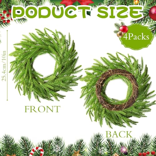 Gosodeny 4 Pcs Christmas DIY Green Wreath 10 Inch Artificial DIY Faux Plain Wreaths Front Door Green Farmhouse Cabinets Indoor Outdoor Wall DecorNorfolk Pine - Image 3