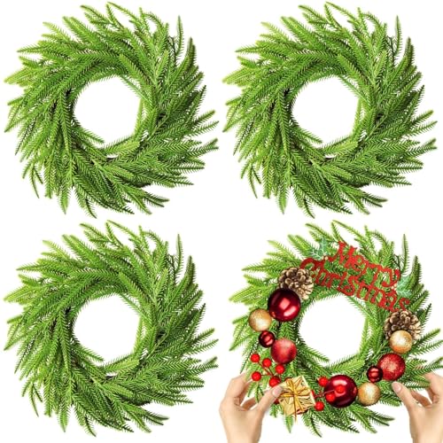 Gosodeny 4 Pcs Christmas DIY Green Wreath 10 Inch Artificial DIY Faux Plain Wreaths Front Door Green Farmhouse Cabinets Indoor Outdoor Wall DecorNorfolk Pine - Image 1