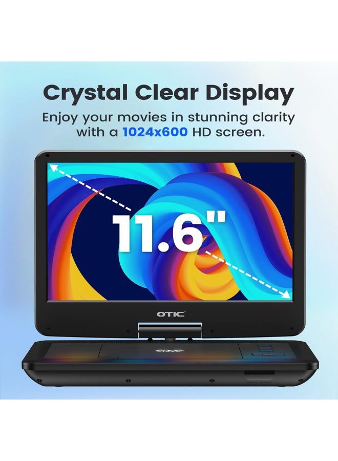 OTIC 13" Portable DVD Player with 11.6" Swivel Display Screen, DVD Player for Car, 5-Hour Working Time with Built-in Battery, Multi-Format Support, Dual Stereo Speakers, Ideal for Family Travel - Image 2