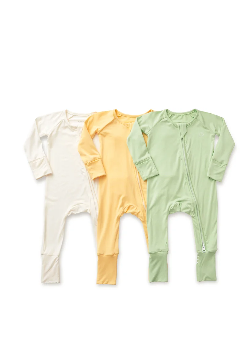 Anvi Baby Set of 3 Bamboo Spandex Zipper Sleepsuit- Light Mint/Lemon/ White 0-3M