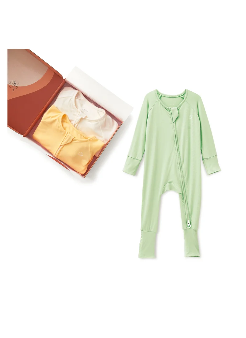 Anvi Baby Set of 3 Bamboo Spandex Zipper Sleepsuit- Light Mint/Lemon/ White 0-3M