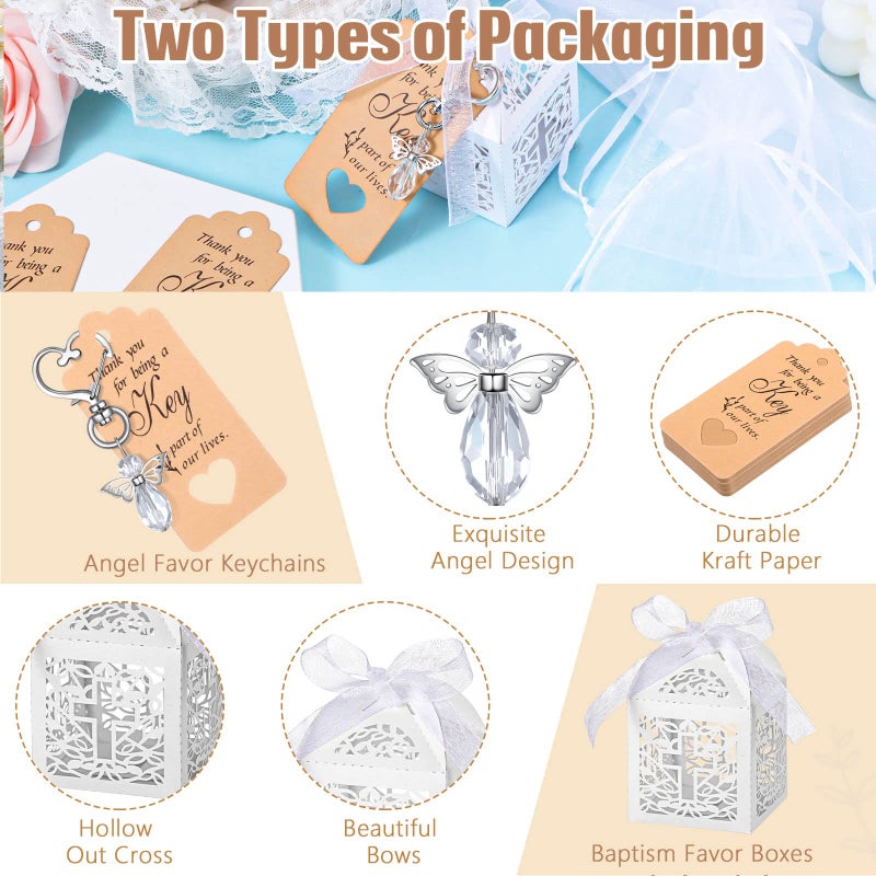 Fumete 100 Pcs Baptism Favors Set First Communion Favors Angel Keychains Baptism Boxes White Organza Bags with Tags for Bautizo Recuerdos Christening Memorial Gifts Wedding Baby Shower Party Supplies - Image 3