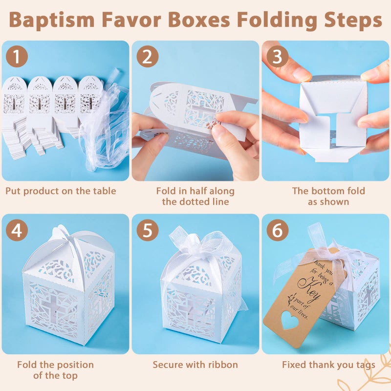 Fumete 100 Pcs Baptism Favors Set First Communion Favors Angel Keychains Baptism Boxes White Organza Bags with Tags for Bautizo Recuerdos Christening Memorial Gifts Wedding Baby Shower Party Supplies - Image 4