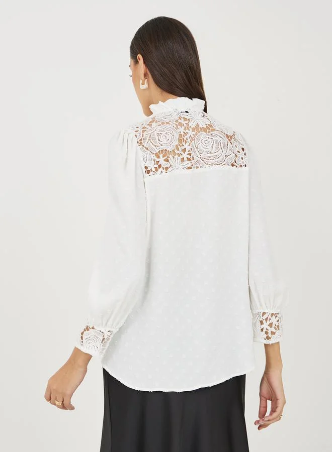 Styli Lace Detail Button Down Full Balloon Sleeve T-Shirt
