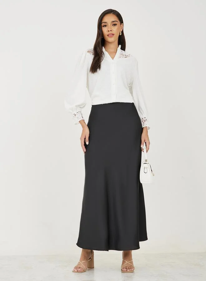 Styli Lace Detail Button Down Full Balloon Sleeve T-Shirt
