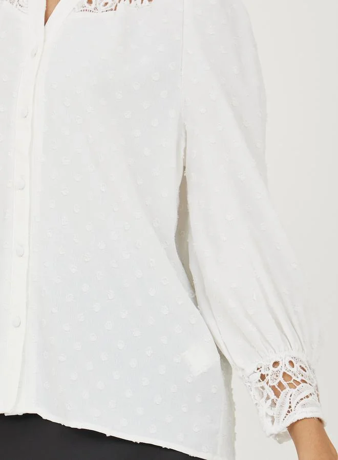 Styli Lace Detail Button Down Full Balloon Sleeve T-Shirt