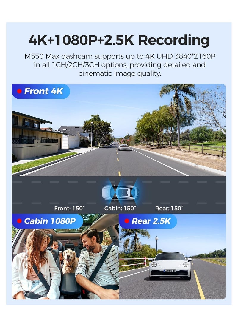 أزدوم كاميرا سيارة AZDOME 4K M550 Max 3 قنوات، مستشعرات STARVIS مزدوجة، كاميرا ثلاثية أمامية وخلفية بدقة 4K+2.5K+1080P، نظام تحديد المواقع العالمي (GPS) مدمج، بطاقة 64 جيجابايت متضمنة، رؤية ليلية بالأشعة تحت الحمراء، نطاق ديناميكي واسع، وضع ركن السيارة على مدار 24 ساعة، كاميرا سيارة  - Image 3